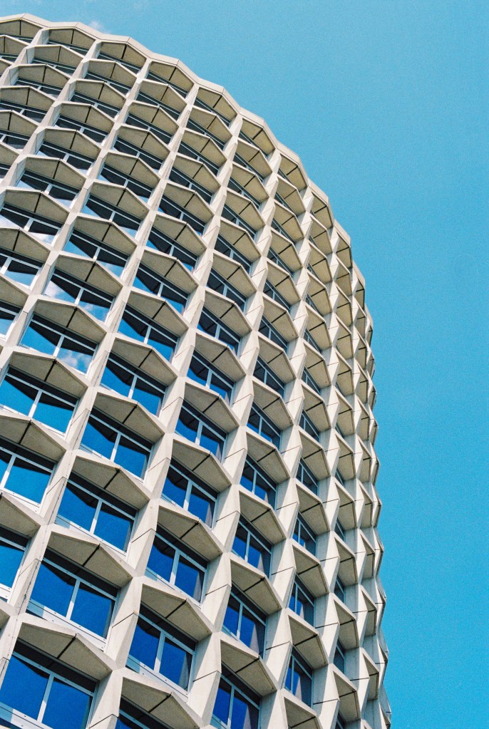 The Space House building contrast on a blue sky